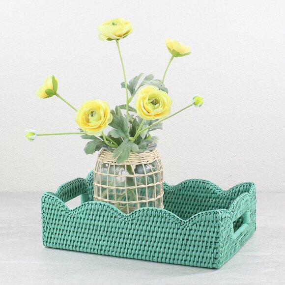 NEW Tight Woven Scalloped Edge Rattan Tray with Handles-Turquoise